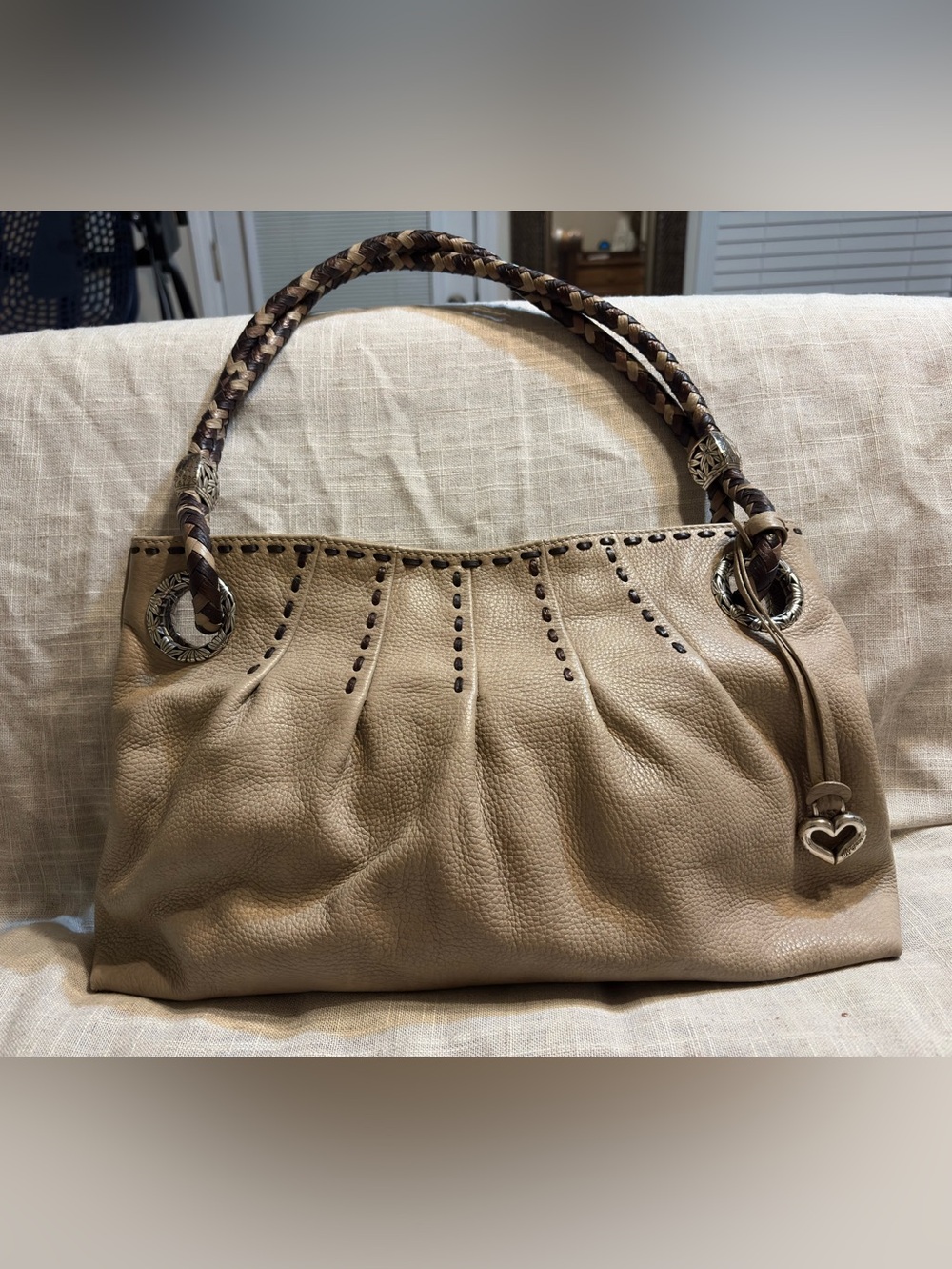 Brighton Baretta Beige Pebbled Leather Braided Handle Shoulder Bag
